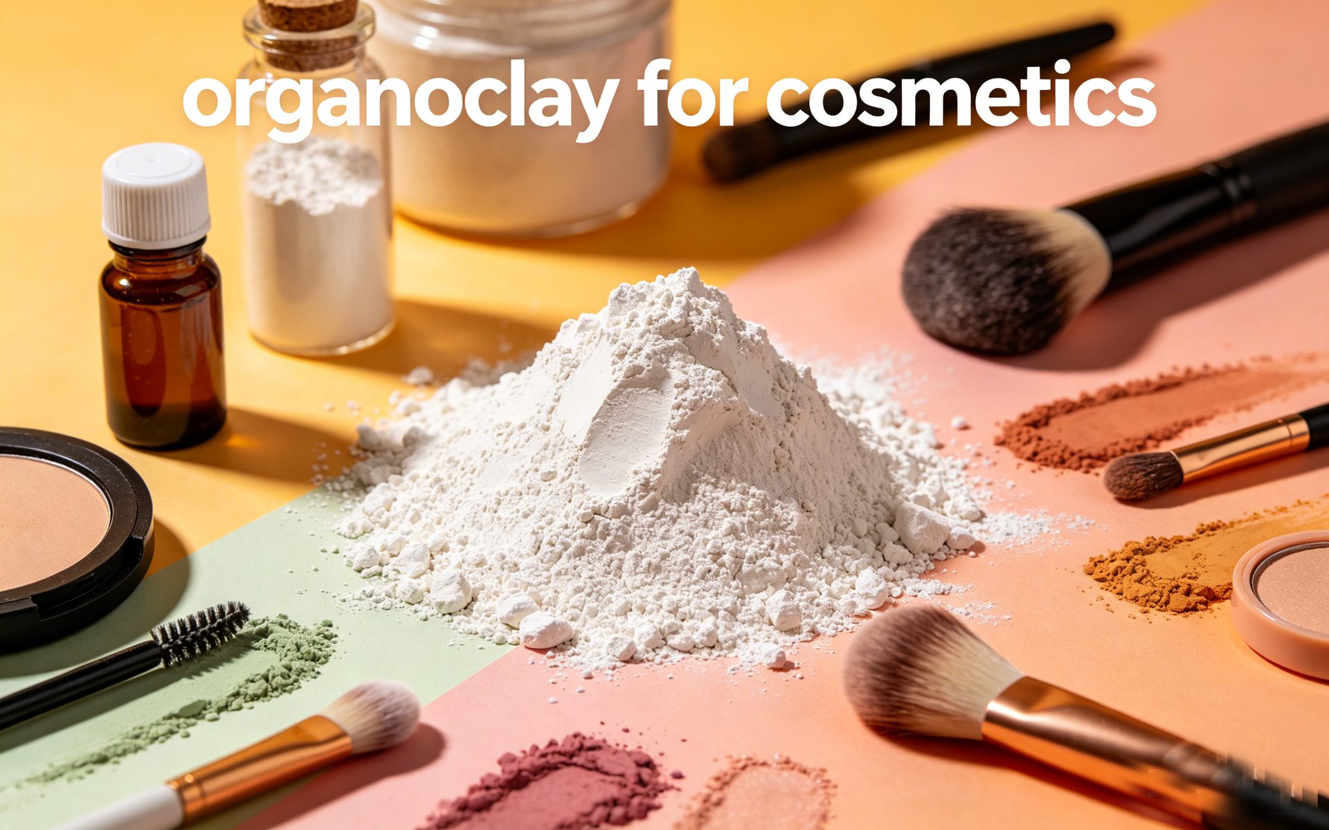 Polvo de organoarcilla junto a productos cosméticos para evaluación de formulación