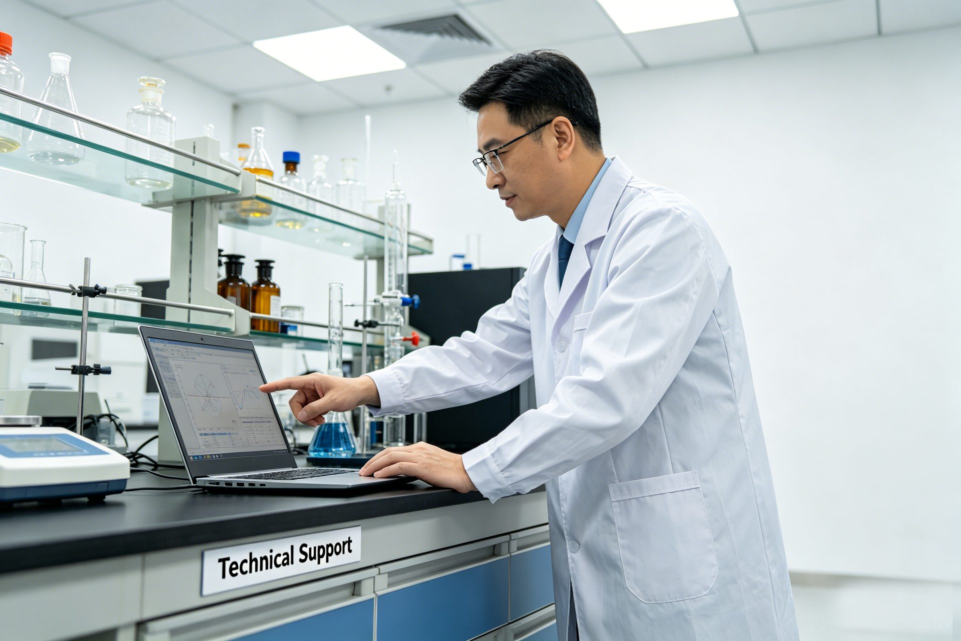 Ingeniero de soporte técnico trabajando en un laboratorio de formulación